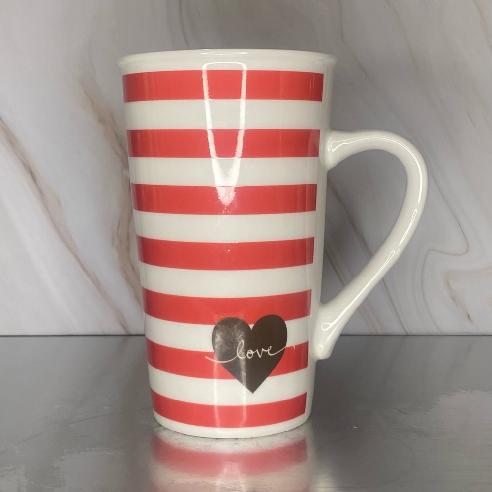 2017 Starbucks 16oz Red & White Striped + Brown Heart Love Ceramic Mug